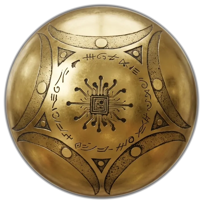 The sphere face-on, showing the central integrated-circuit motif