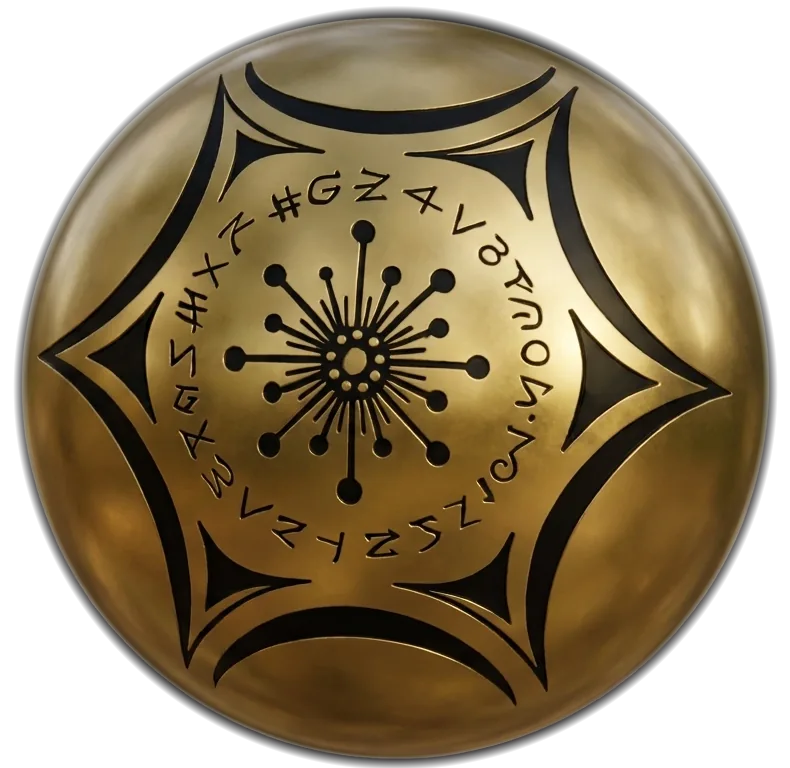 The Buga Sphere in gold, its engraved ring of symbols facing the viewer